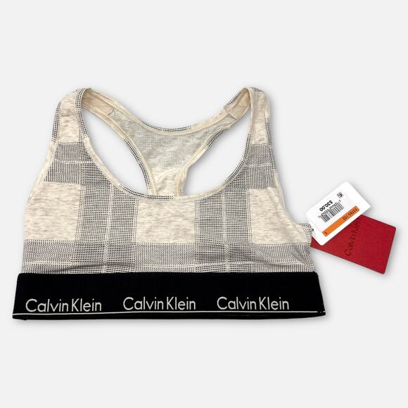 Calvin Klein NWT Women's Plaid Racerback Bralette Size S Tan, Gray Lightweight - Picture 1 of 7